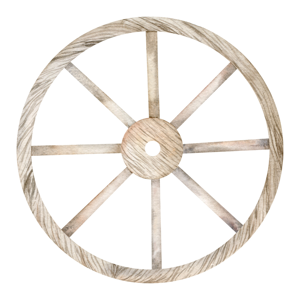 old wooden wheel textured and detailed isolated on white background. wild west, rustic, rural object, ancient, vintage element watercolor hand drawn illustration.