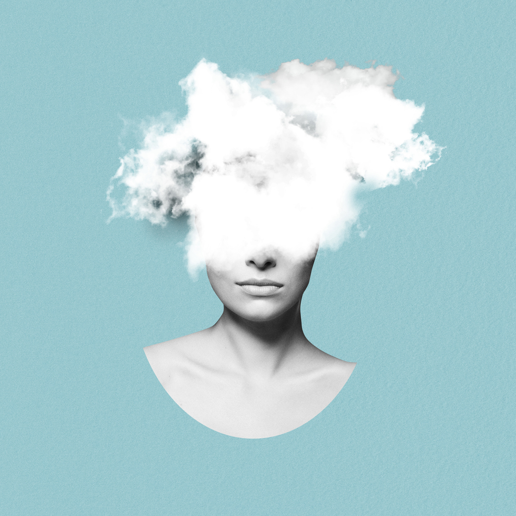 abstract and surreal woman illustration collage with white cloud over eyes in soft blue background