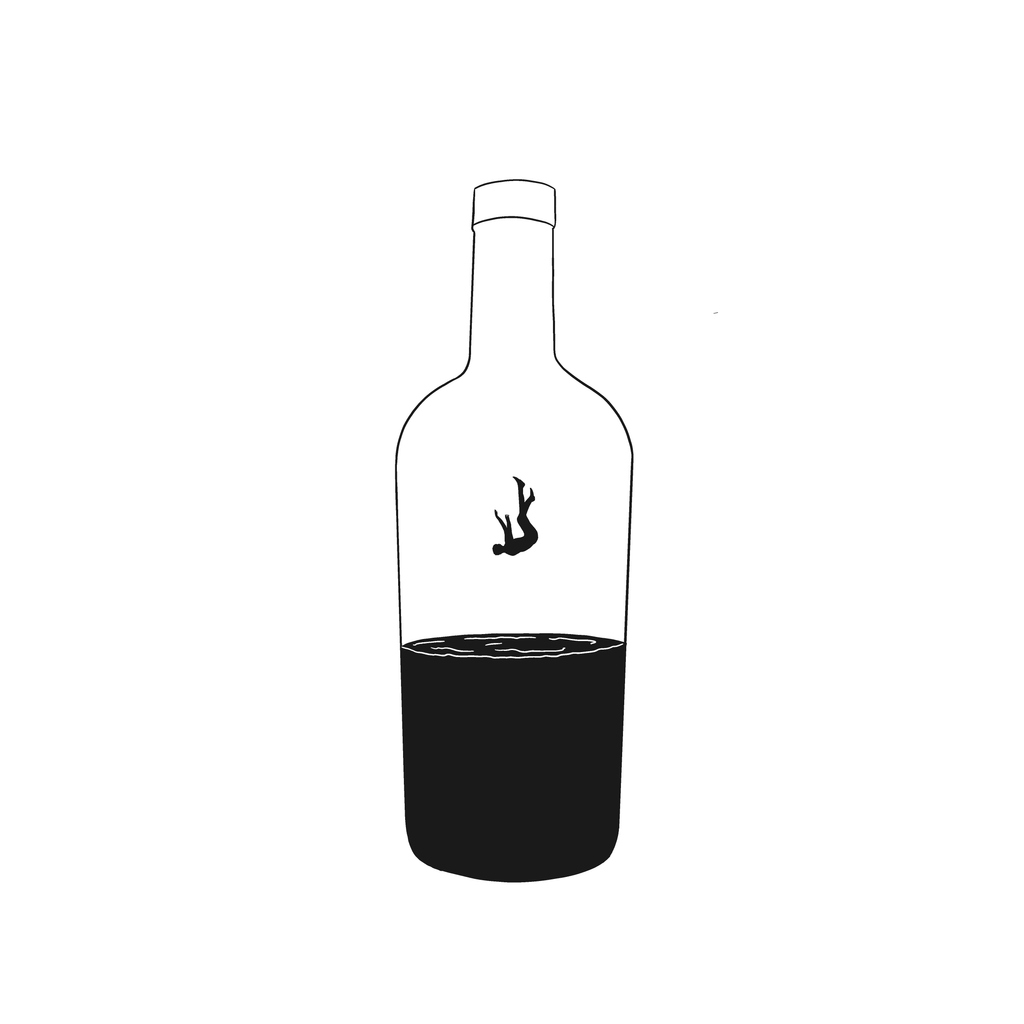 Illustration : une silhouette tombant à l'intérieur d'une bouteille
